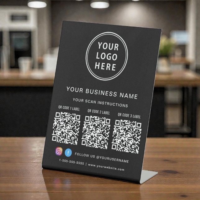 Business Logo 3 QR Codes Social Media Black Sockelschild (Business Logo 3 QR Codes Social Media Black Pedestal Sign)