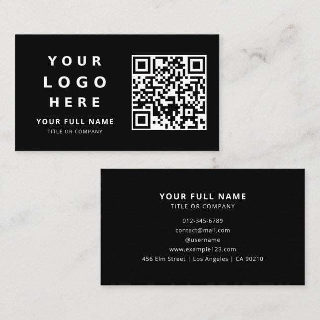 Business Logo And Qr Code Simple Minimalist Black Visitenkarte (Vorne/Hinten)
