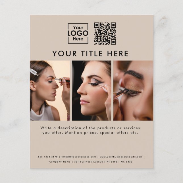 Business-Logo Beige Beauty Salon 3 Fotos QR-Code Flyer (Vorne)