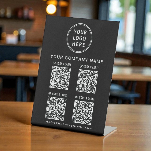 Business Logo Create Your 4 QR Codes Black Sockelschild (Business Logo Create Your 4 QR Codes Black Pedestal Sign)