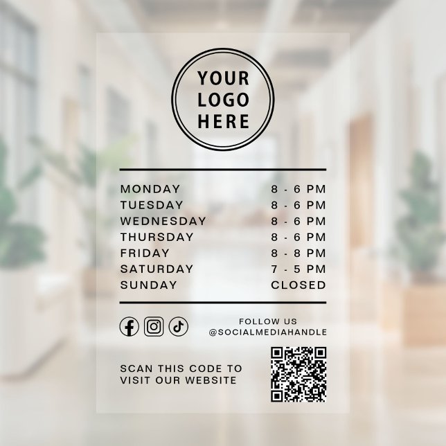 Business Logo Open Hours Social Media QR Code Fensteraufkleber (Business Logo Open Hours Social Media QR Code Window Cling)