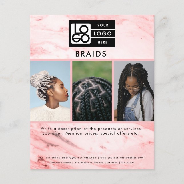 Business Logo Pink Marble Braids Hair 3 Photos  Flyer (Vorne)