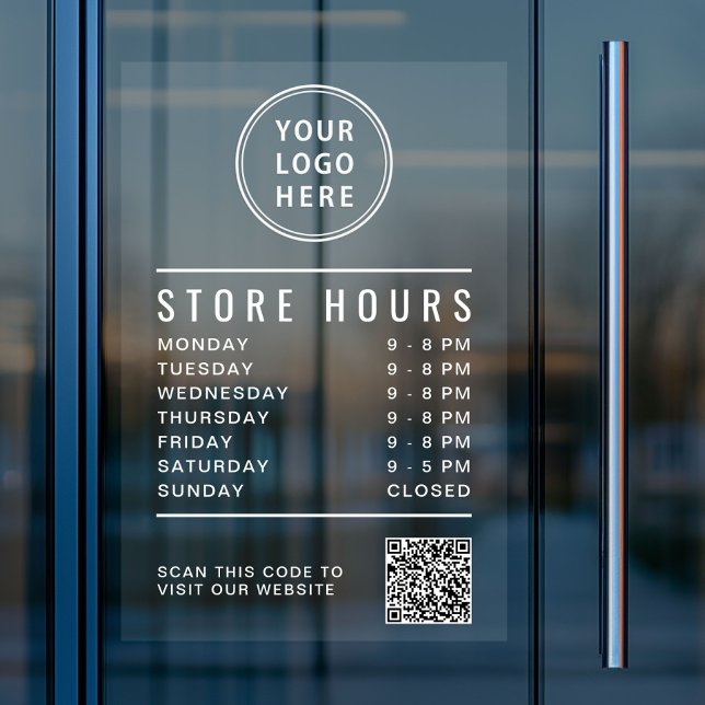 Business Logo Store Hours Create Your QR Code Fensteraufkleber (Business Logo Store Hours Create Your QR Code Window Cling)