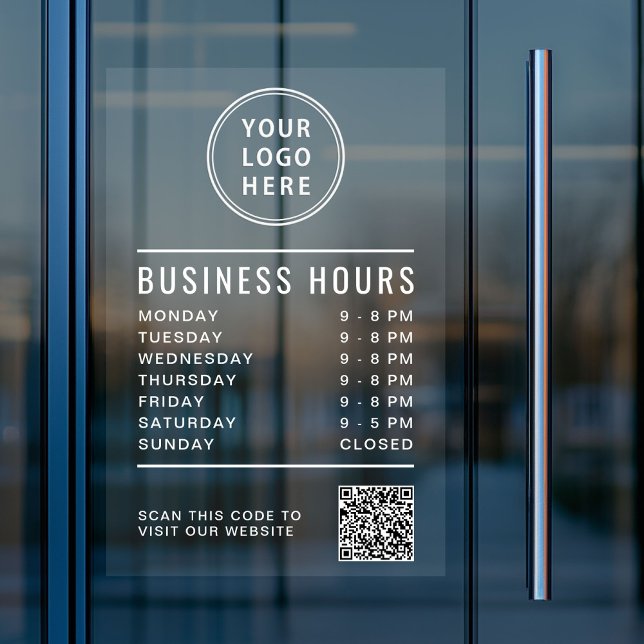 Business Logo Store Hours Create Your QR Code Fensteraufkleber (Business Logo Store Hours Create Your QR Code Window Cling)