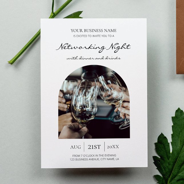 Business Networking Dinner & Drinks Event Foto Einladung (Modern business networking event photo invitation with trendy script font and one arch framed photo)