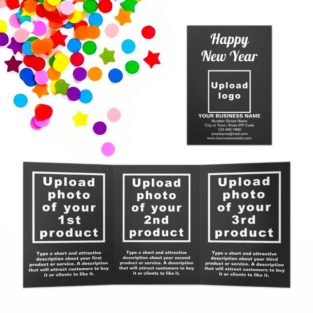 Business New Year Black Trifold Card Dreifach Gefaltete Karte (New Year greeting, business brand and products on black trifold card)