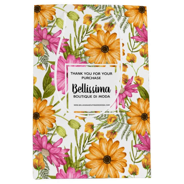 Business Packaging Modern Yellow Pink Floral Mittlere Geschenktüte (Vorderseite)