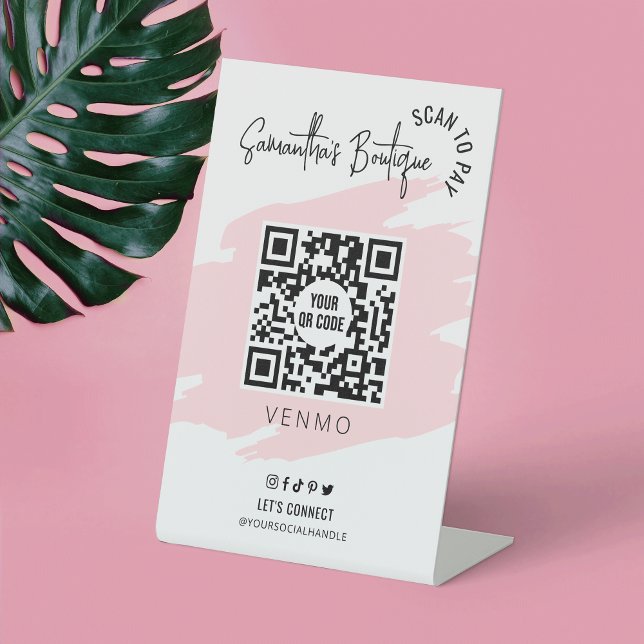 Business Scan zur Bezahlung des QR-Codes Feminine  Sockelschild (Make trendy phone payment signs for your business with this pink watercolor QR code sign design)