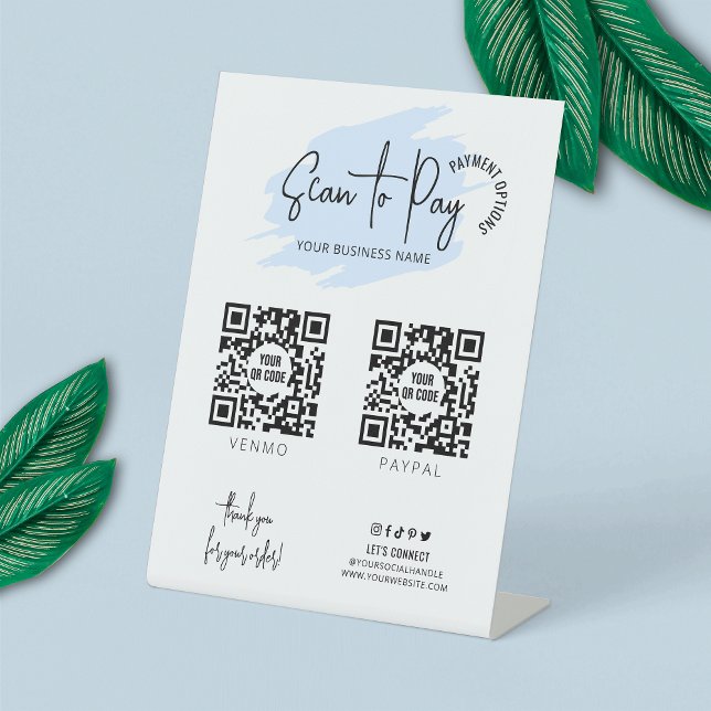 Business Scanner 2 QR Codes Light Blue Payment Sockelschild (Make modern payment signs for your business with this light blue watercolor pedestal sign design)
