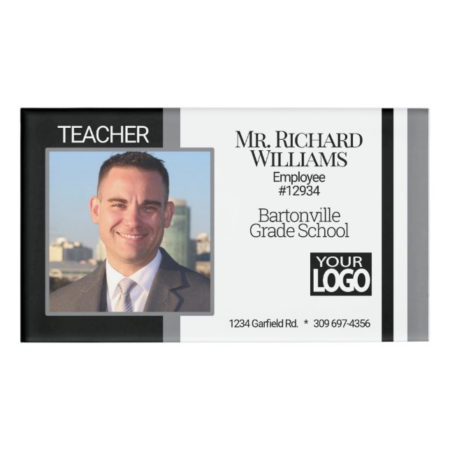 Business / School Foto ID - Schwarz, Weiß und Grau Namenschild (Vorderseite)