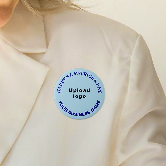 Business St. Patrick Gruß auf Light Blue Round Button (Business name and logo with Happy Saint Patrick's Day greeting on light blue round button.)