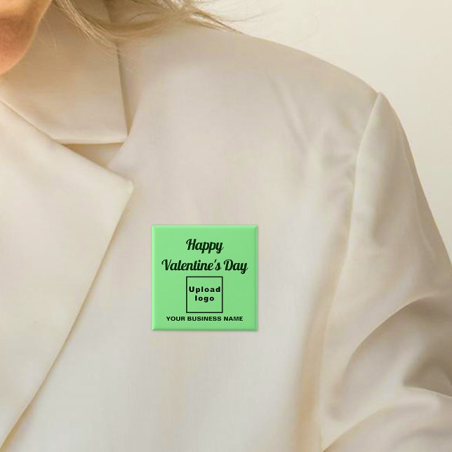 Business Valentine Gruß auf dem hellgrünen Platz Button (Business name and logo with Happy Valentine's Day greeting on light green square button.)