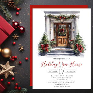 Business Watercolor Front Door Holiday Open House Einladung
