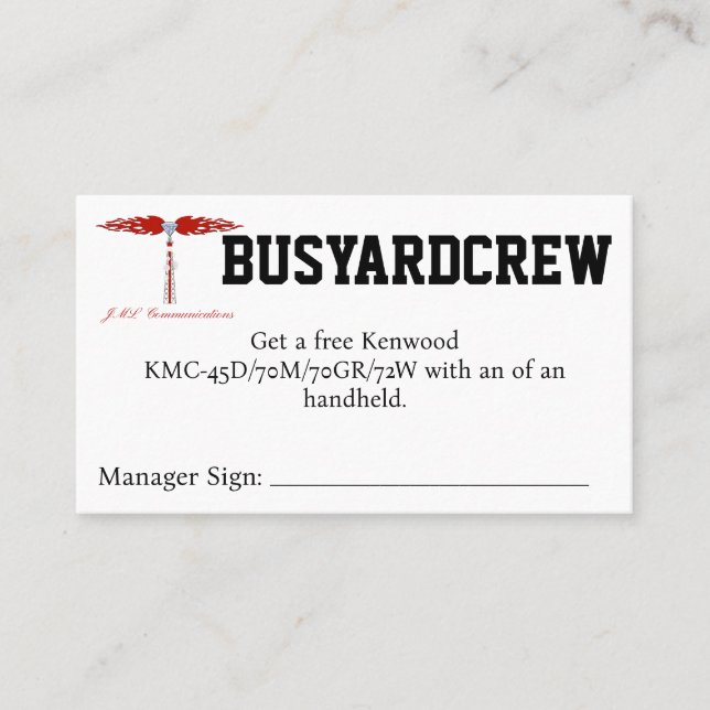 BUSYARDCREW Coupon Visitenkarte (Vorderseite)