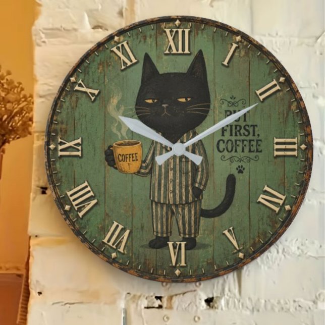 But First Coffee Black Cat Große Wanduhr (Von Creator hochgeladen)