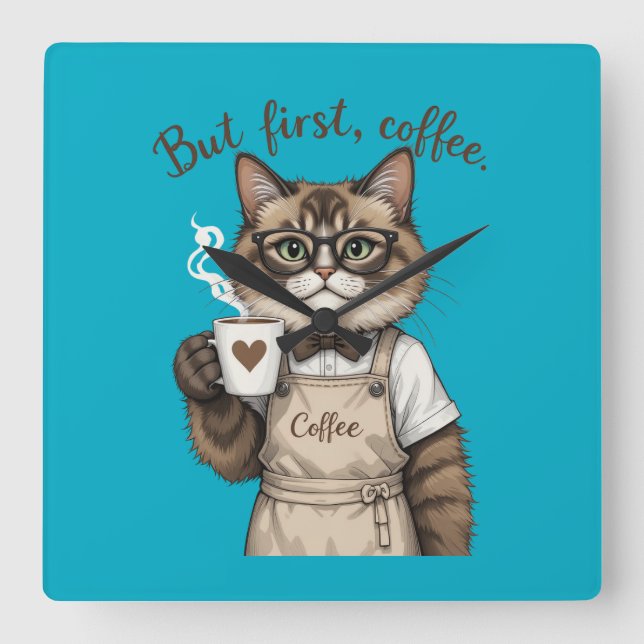 But First, Coffee Cat Quadratische Wanduhr (Vorderseite)