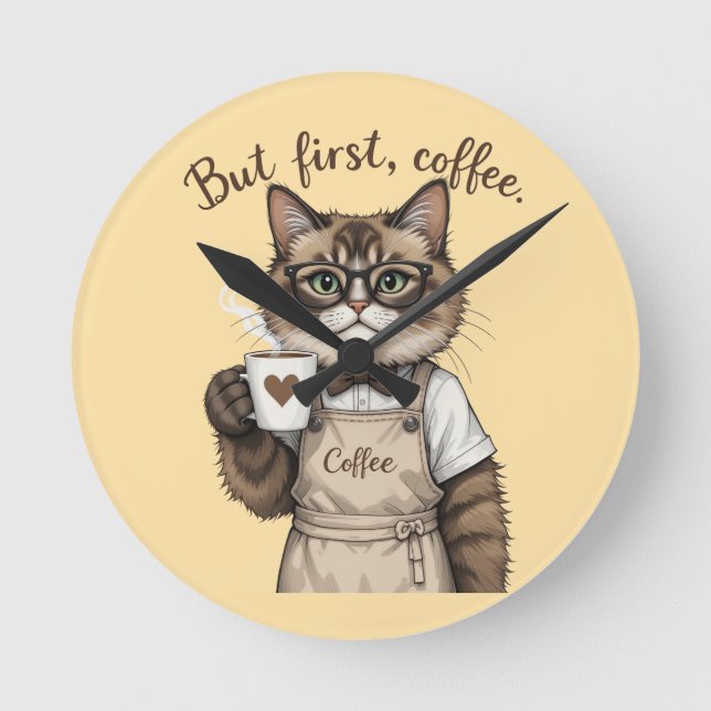 But First, Coffee Cat Runde Wanduhr (Vorderseite)