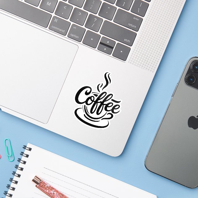 But First Coffee | Chic Modern Script Typography D Aufkleber (Laptop mit iPhone)