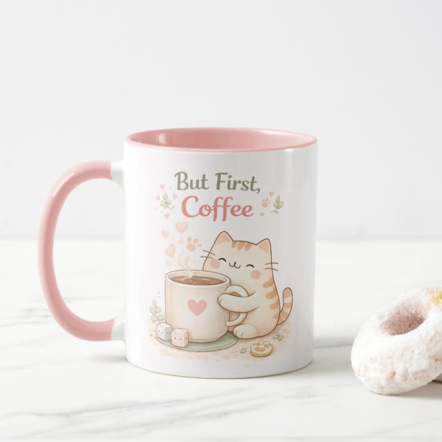 But First Coffee Kawaii Cute Cat Sweet Pink Tasse (Mit Donut)