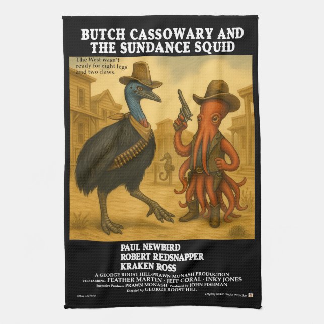 Butch Cassowary & die Sundance-Squid Geschirrtuch (Vertikal)