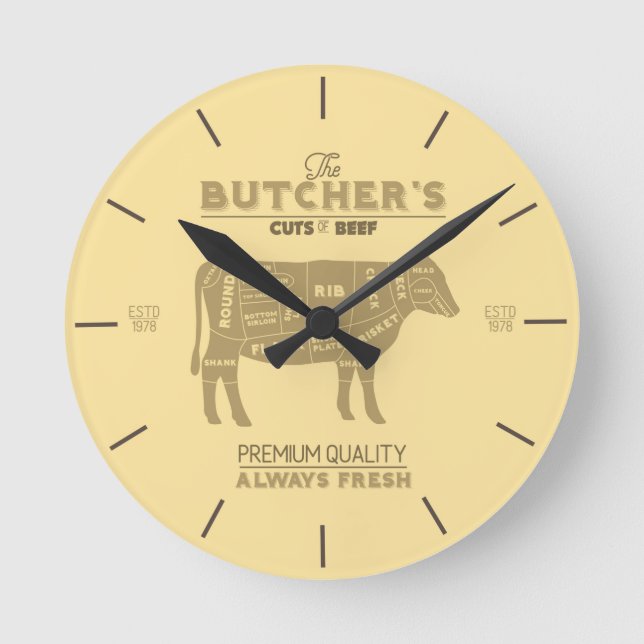 Butcher Shop Teile des Rinddiagramms Runde Wanduhr (Vorderseite)