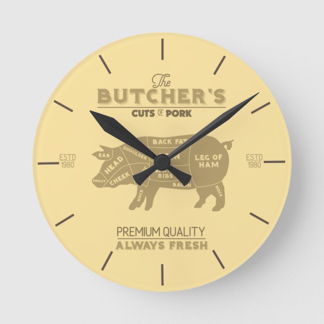 Butcher Shop Teile des Schweinefleischdiagramms Runde Wanduhr (Vorderseite)