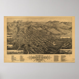 Butte Montana 1884 Antique Panoramabalkarte Poster