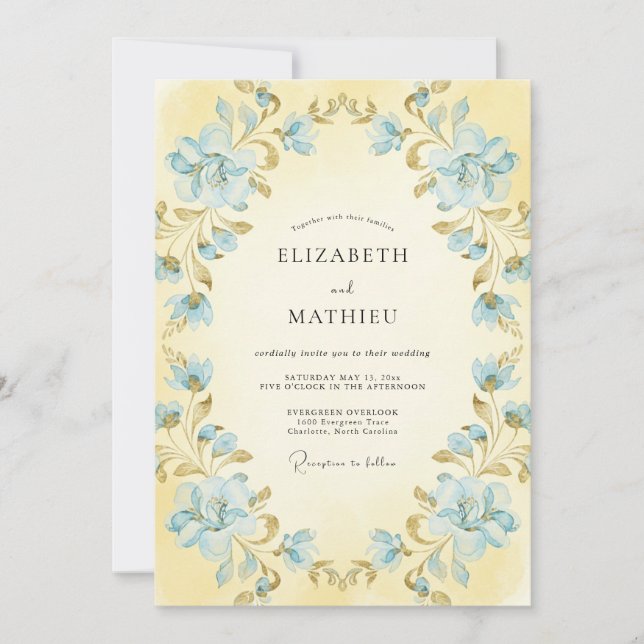 Butter Azure Kranz Hochzeit Einladung (Vorderseite)