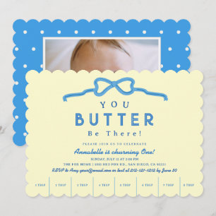 Butter Be There Blaue Schleife Foto 1. Geburtstag Einladung