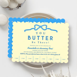 Butter Be There Blaues Schleife 1. Geburtstag Einladung