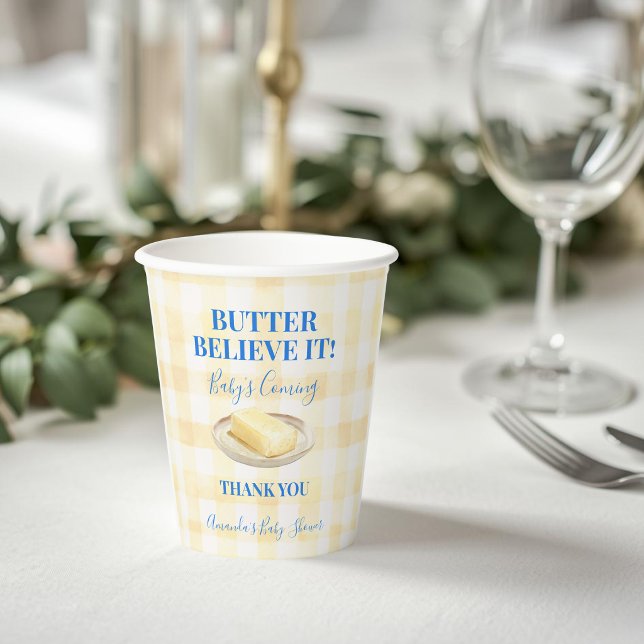 Butter Believe It Yellow Gingham Boy Baby Shower Pappbecher (Von Creator hochgeladen)