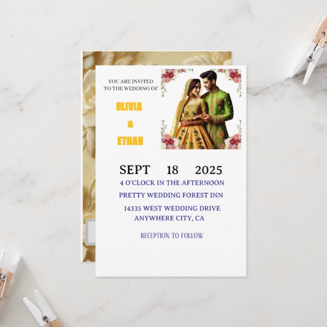 Butter gelb & grün Elegant Blumen Einladung (Vorderseite/Rückseite Beispiel)