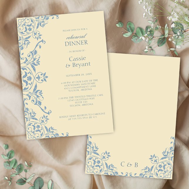 Butter Gelbe Probe Abendessen Einladung (elegant old money butter yellow and dusty blue wedding rehearsal dinner invitation with chintz)