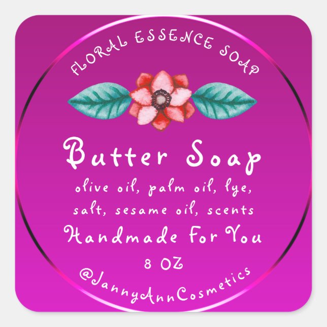 Butter Seife Kosmetik Handgemachte Logo Rosa Blüte Quadratischer Aufkleber (Vorderseite)