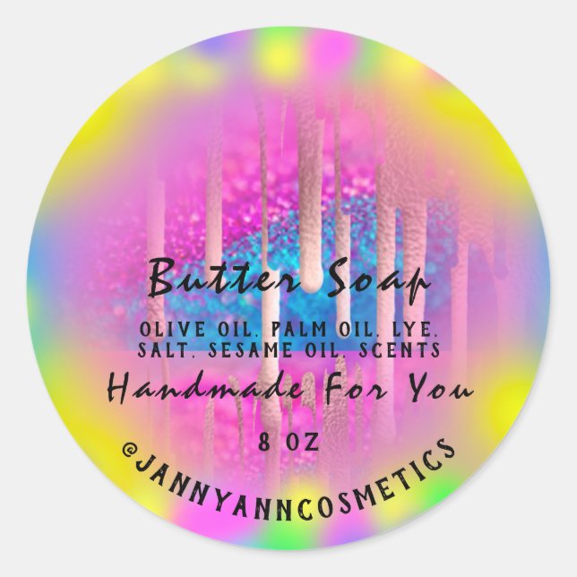 Butter Soap Kosmetik Hot Pink Holograph Tropfen Runder Aufkleber (Vorderseite)