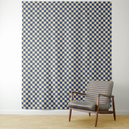 Butter yellow and blue checkered board pattern wandteppich