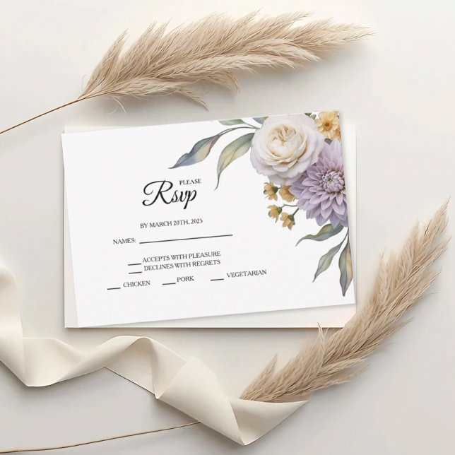 Butter Yellow And Lilac Floral Wedding RSVP Cards (Von Creator hochgeladen)
