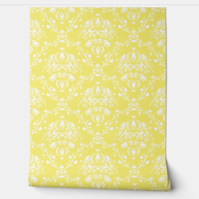 Butter Yellow and White Damask Tapete (Abrollen)