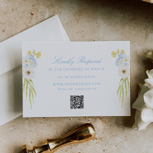 Butter Yellow Baby Blue Florales Hochzeits-QR-Code RSVP Karte
