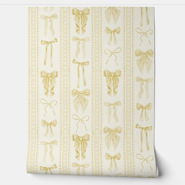 Butter Yellow Bows and Lace Vertical Stripes Tapete (Abrollen)