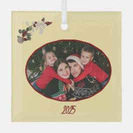 Butter Yellow & Deep Red Floral Photo Christmas Ornament Aus Glas