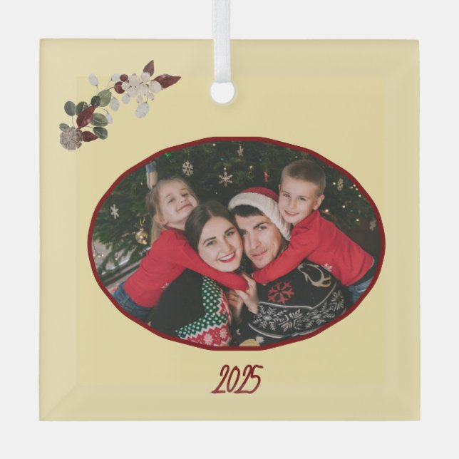 Butter Yellow & Deep Red Floral Photo Christmas Ornament Aus Glas (Vorderseite)