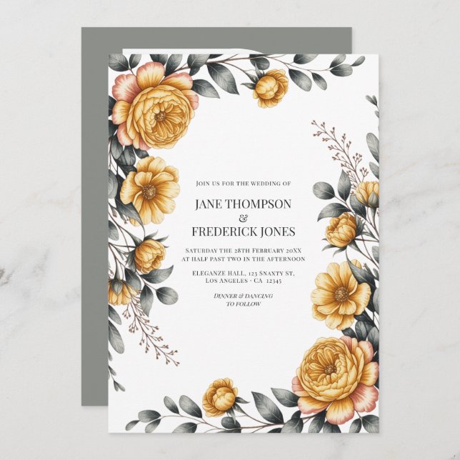 Butter Yellow & Dove Gray Botanical Floral Wedding Einladung (Vorne/Hinten)