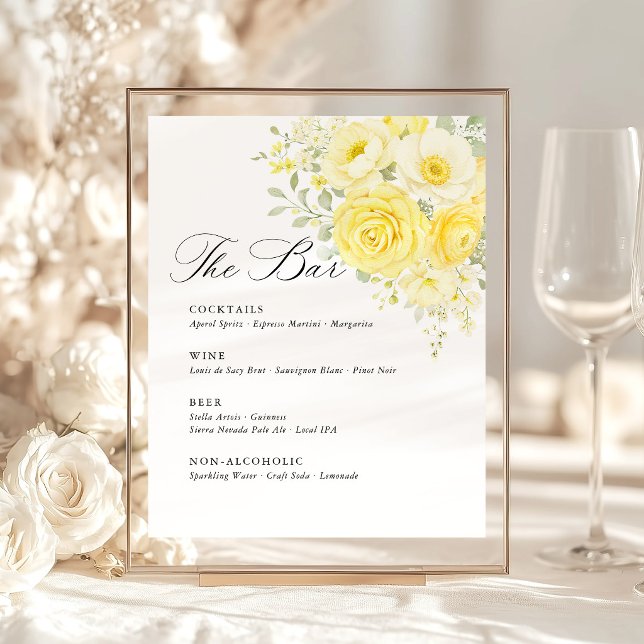 Butter Yellow Ivory Floral Wedding Bar Menu Sockelschild (butter yellow floral wedding bar sign, yellow rose cocktail menu, elegant reception table signage)