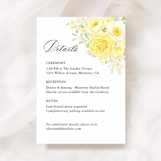 Butter Yellow Ivory Floral Wedding Details, Info Begleitkarte (butter yellow wedding details card ceremony reception card ivory floral wedding information card)