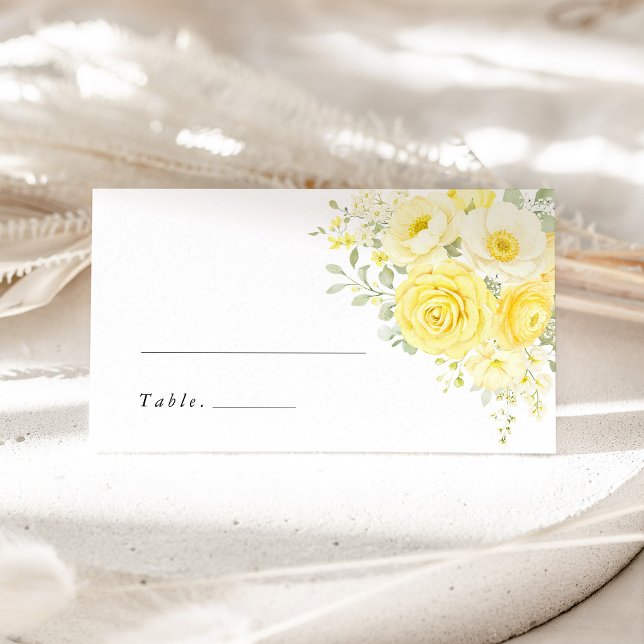Butter Yellow Ivory Floral Wedding Name Place Card Platzkarte (butter yellow floral wedding place card escort card name card yellow rose table setting reception)