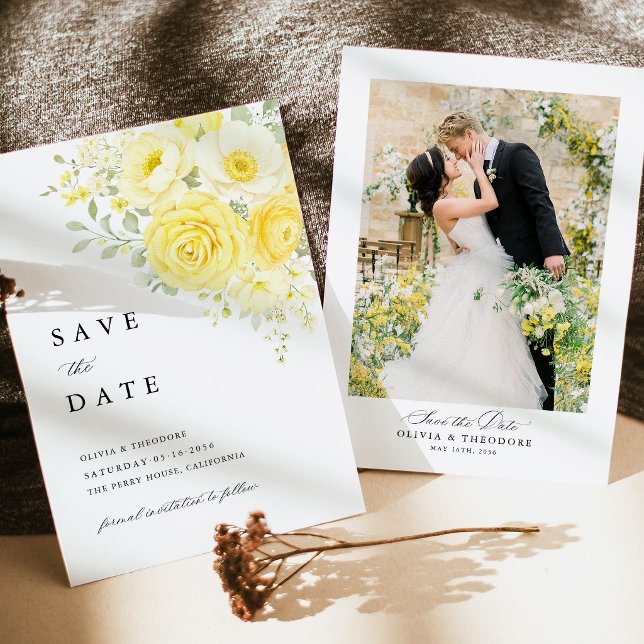 Butter Yellow Ivory Floral Wedding Photo Save The Date (butter yellow photo save the date, yellow cream ivory floral wedding announcement with photo)