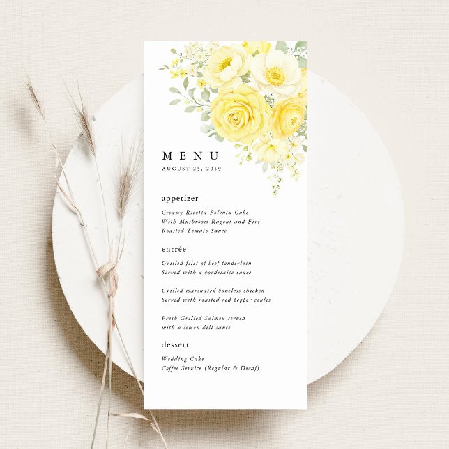 Butter Yellow Ivory Floral Wedding Reception Menükarte (butter yellow ivory floral wedding menu card yellow rose menu elegant reception table setting)