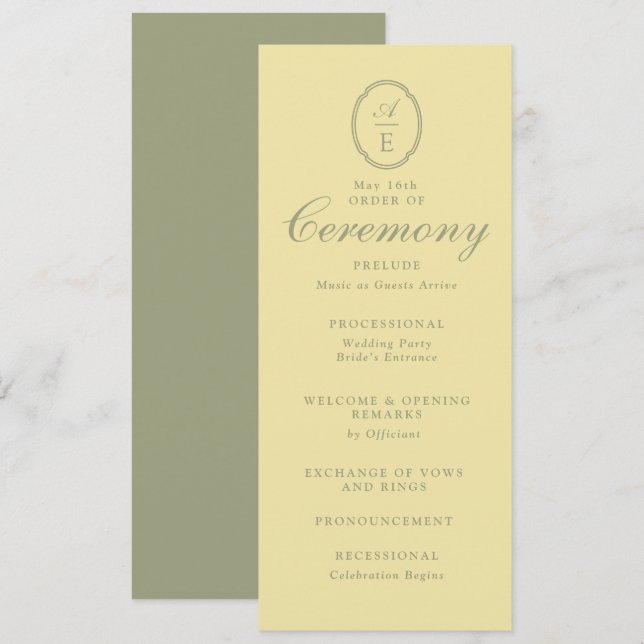 Butter Yellow Monogramm-Hochzeitsprogramm Einladung (Vorne/Hinten)