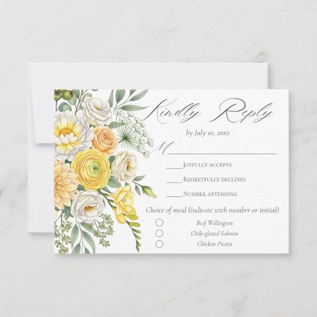 Butter Yellow Peach Sage Green Floral Wedding Meal RSVP Karte (Vorderseite)